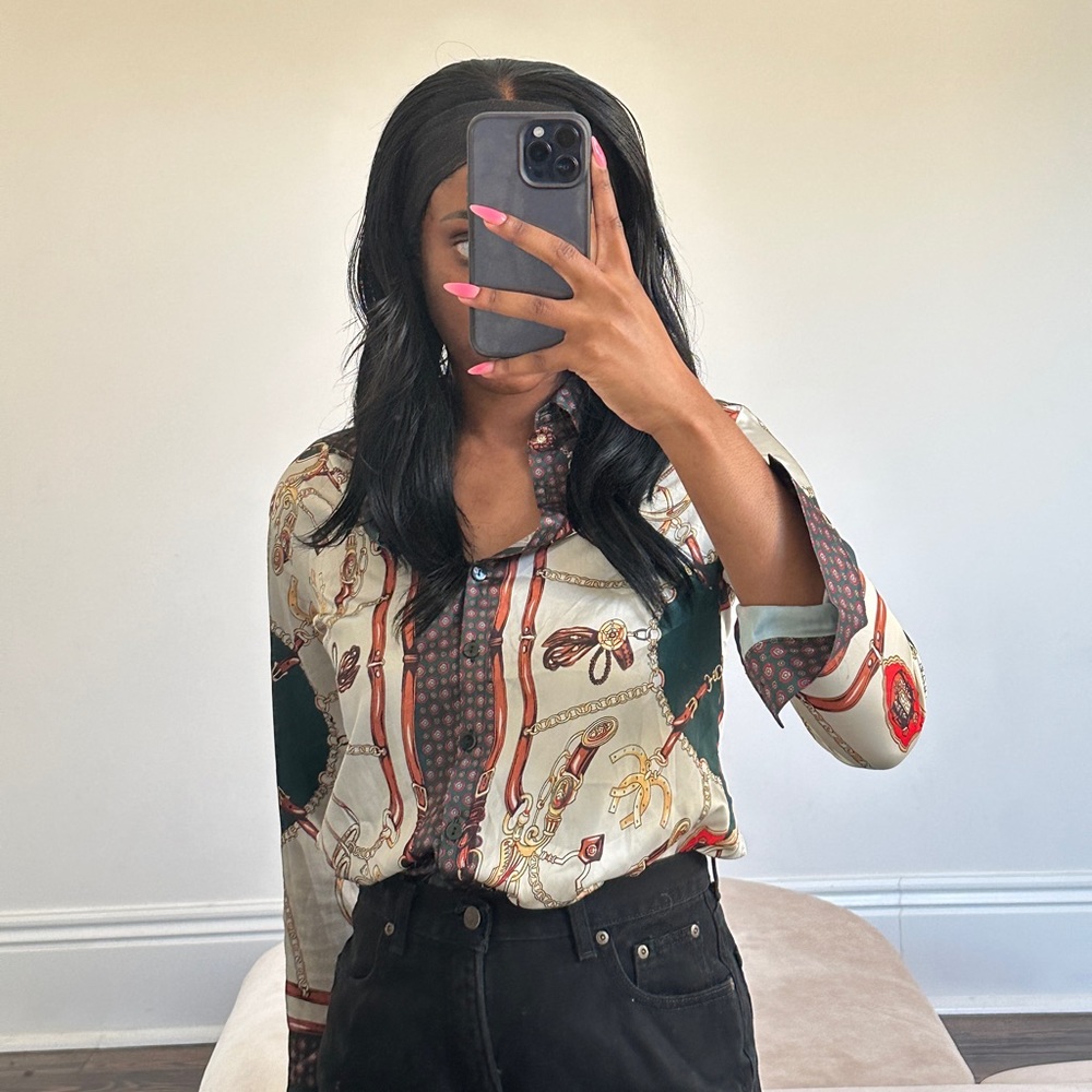 Designer inspired print button down shirt